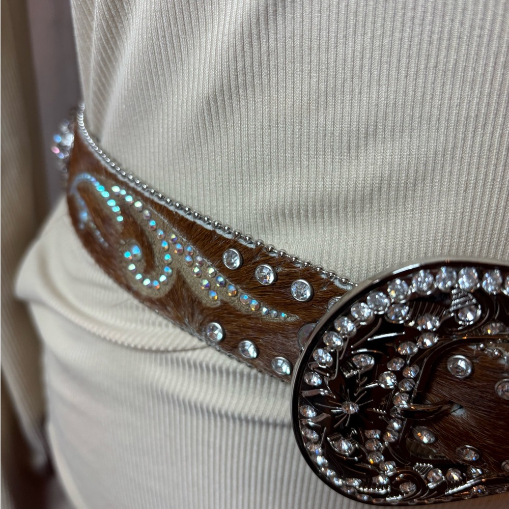 Nocona Genuine Leather Calf Hair on Hide Rhinestone Belt Rodeo Western Bling - Picture 9 of 16
